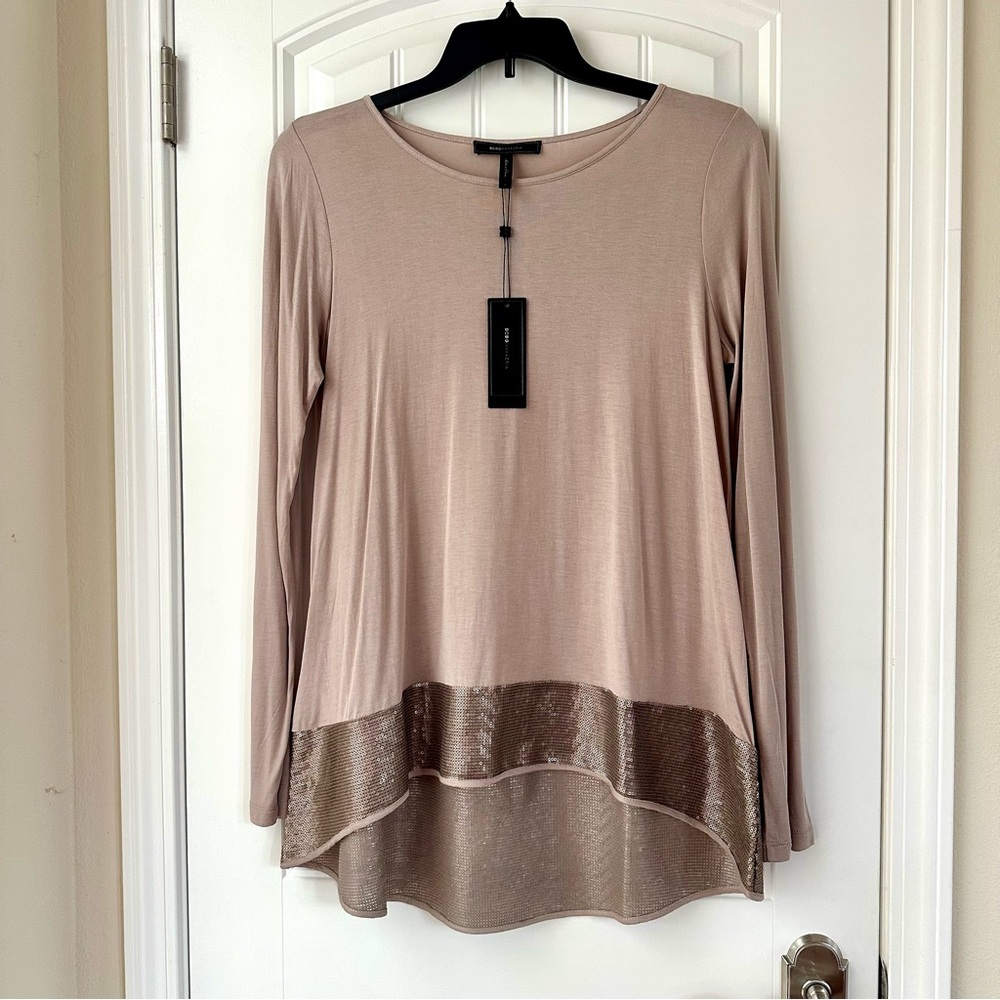 NWT BCBGMaxAzria Roseann Sequin High-Low Hem Tee Top Shirt Blouse Sz L Brown